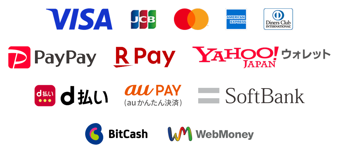 VISA、JCB、Mastercard、American Express、Diners Club、PayPay、楽天ペイ、Yahoo!ウォレット、d払い、au PAY、ソフトバンクまとめて支払い、BitCash、WebMoney